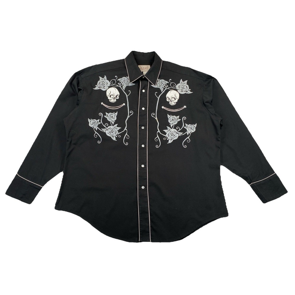 Rockmount Ranch Wear Pearl Snap Western Shirt Skulls Roses Black Men's XL